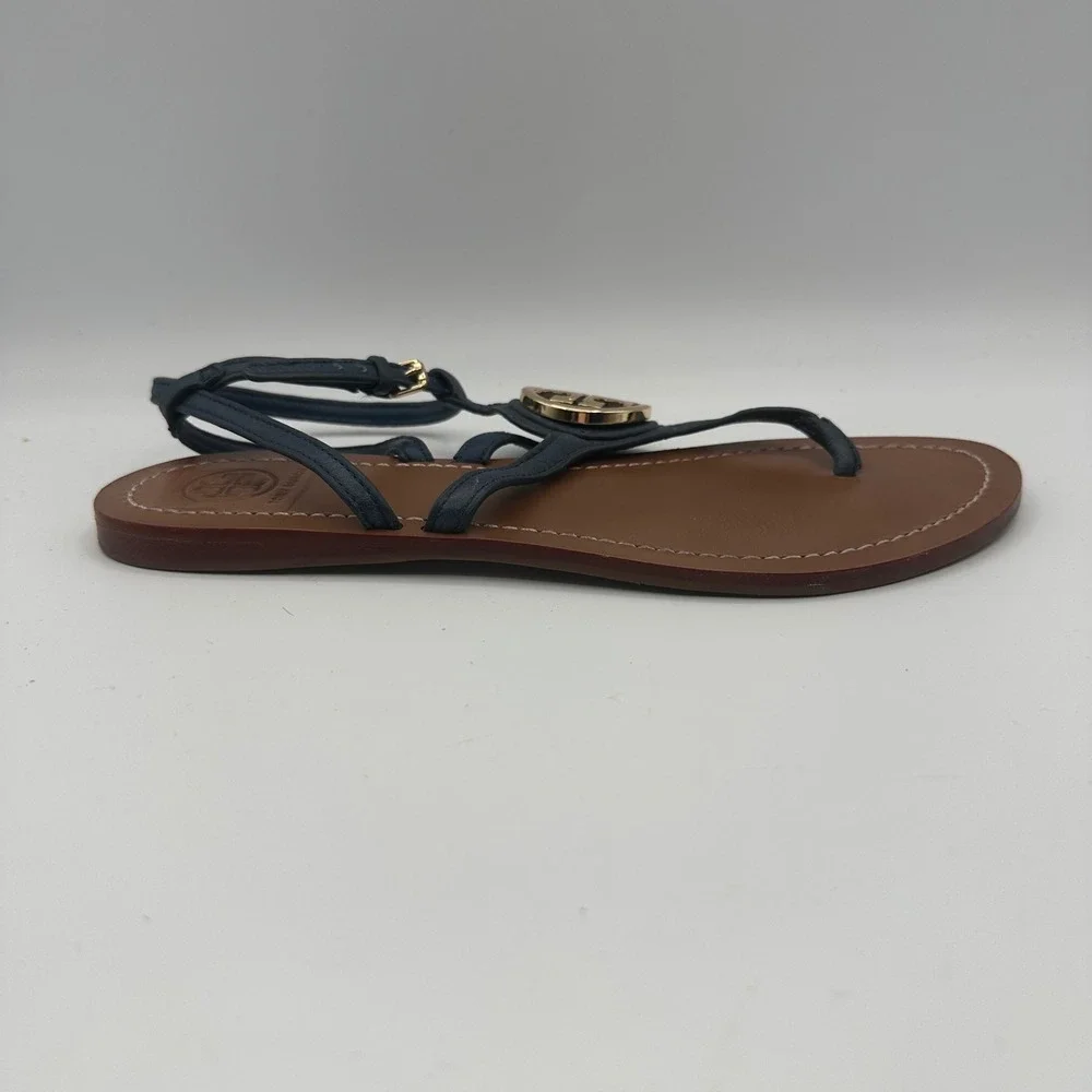 Tory Burch Leticia Strappy Sandal Womens 8.5 Navy Blue Leather Gold Flat Thong